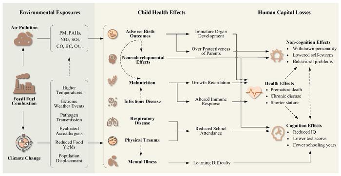 Pathways from fossil fuel combustion to the possible impacts on child health outcomes and associated human capital losses.